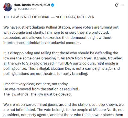 X post by Justin Muturi. PHOTO/Screengrab by People Daily Digital