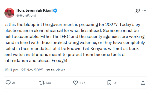 X post by Jeremiah Kioni. PHOTO/Screengrab by People Daily Digital