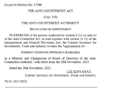 Part of the gazette notice. PHOTO/Screengrab by People Daily Digital