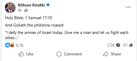 Facebook post by Kithure Kindiki. PHOTO/Screengrab by People Daily Digital