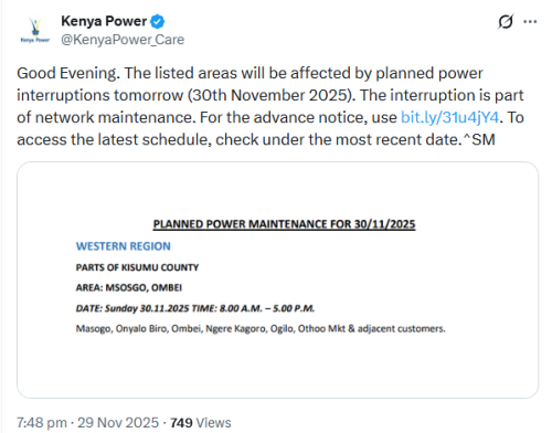 X post by Kenya Power. PHOTO/Screengrab by People Daily Digital