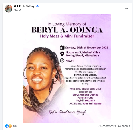Facebook post by Ruth Odinga. PHOTO/Screengrab by People Daily Digital