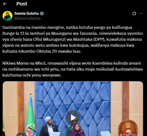 A post shared by Samia Suluhu on X. PHOTO/Screengrab by K24 Digital from @SuluhuSamia
