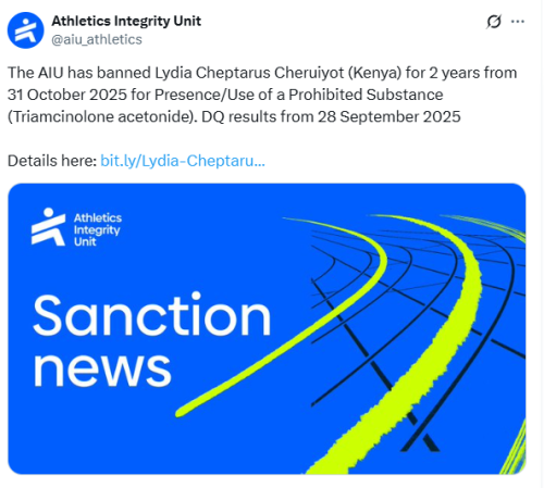 Statement of AIU on the suspension of Lydia Cheptarus over doping on Wednesday, November 19, 2025. PHOTO/Screengrab by People Daily Digital/@aiu_athletics/X