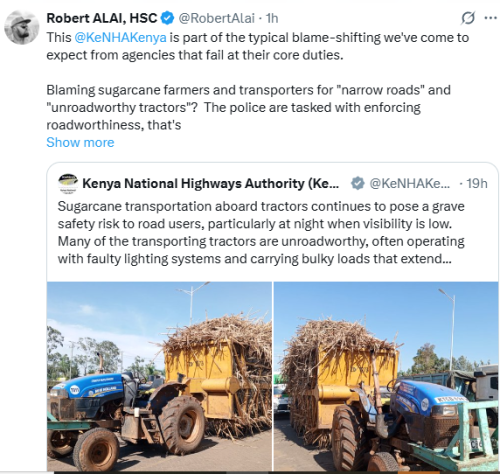 Statement of Robert Alai defending sugarcane farming in rural Kenya. PHOTO/Screengrab by People Daily Digital/@RobertAlai/X