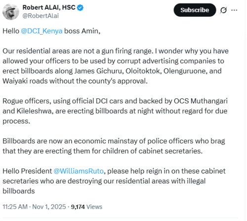 Statement of Robert Aali on billboard erection in residential areas. PHOTO/Screengrab by People Daily Digital/@RobertAlai