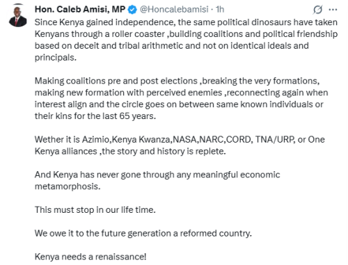 Statement of MP Caleb Amisi on the importance of political coalitions. PHOTO/Screengrab by People Daily Digital/@Honcalebamisi/X