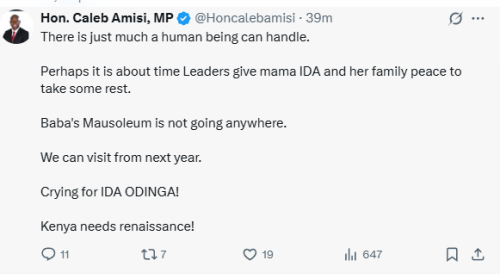 Statement of MP Caleb Amisin calling mouners to stop visting Raila Odinga's home on Monday, Novemberv10, 2025. PHOTO/Screengrab by People Daily Digital/@Honcalebamisi