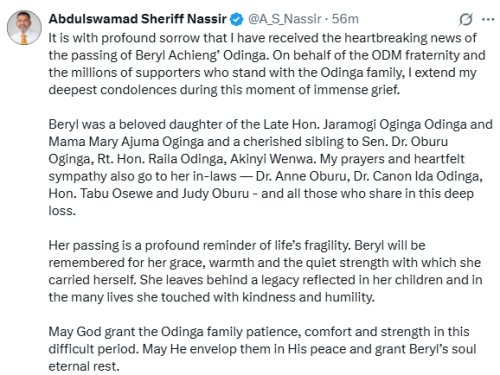 Statement of Abdulswammad Nassir mourning Beryl Achieng on Tuesday, November 25, 2025. PHOTO/Screengrab by People Daily Digital/@A_S_Nassir/X