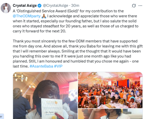 Statement of Crystal Asige after earning the Orange Democratic Movement (ODM) Distinguished Service Award. PHOTO/Screengrab by People Daily Digital/@CruystalAsige/X