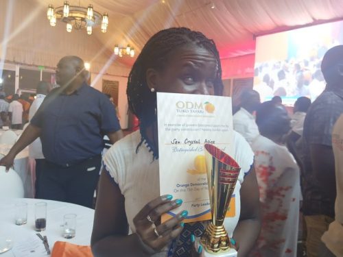 Senator Crystal Asige after earning the Orange Democratic Movement (ODM) Distinguished Service Award. PHOTO/@CruystalAsige/X