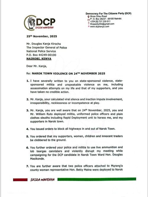 DCP's formal letter to IG Douglas Kanja following the  Narok Violence witnessed on Monday, November 24, 2025 against Rigathi Gachagua. PHOTO/@rigathi/X