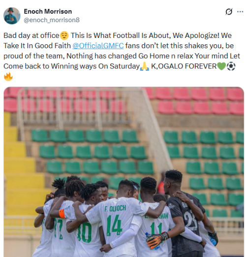 Gor Mahia's Enock Morrison's statement on the APS Bomet's humiliation on Tuesday, November 25, 2025 at Nyayo Stadium. PHOTO/Screengrab by People Daily Digital/@enoch_morrison8/X