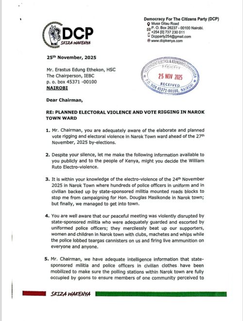 A letter from DCP to IEBC over plot to rig elections in Narok Town Ward dated Tuesday, November 25, 2025. PHOTO/@rigathi/X