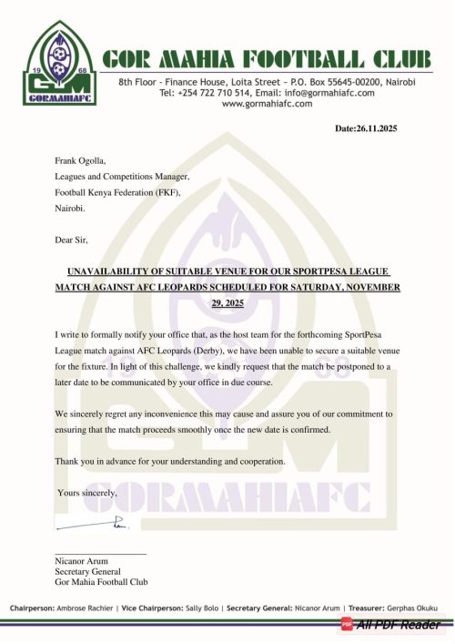 Gor Mahia's letter to FKF requesting the postponement of Mashemeji Derby dated Wednesday, November 26, 2025. PHOTO/@OfficialGMFC/X