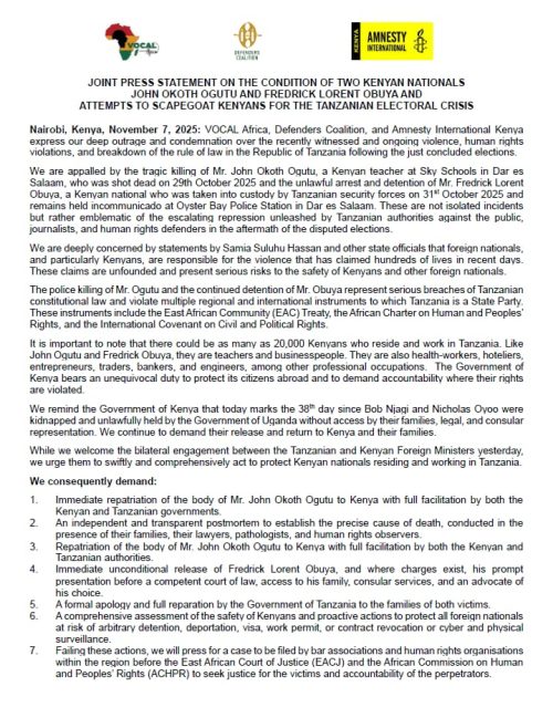 Huma rights organisations condemn human rights violations  in Tanzania. PHOTO/@AmnestyKenya