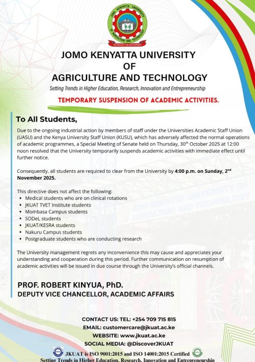 Statement of Jomo Kenyatta University of Agriculture and Technology on academic activities suspension on Saturday, November 1, 2025. PHOTO/JKUAT