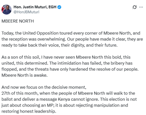 Justin Muturi's statement on Newton Karish ahaed of Mbeere North by-election. PHOTO/Screengrab by People Daily Digital/@HonJBMuturi/X