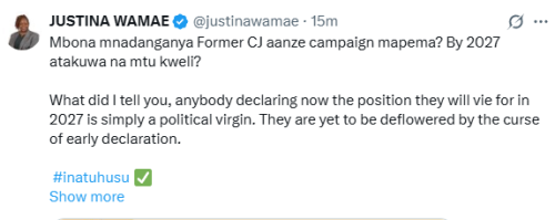 Statement of Justina Wamae on Shakira Wafula's resignation from David Maraga's camp. PHOTO/Screengrab by People Daily Digital/@justinawamae/X