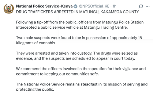 National Police Statement on Kakmega County bhang seizure on Wednesday, November 12, 2025. PHOTO/Screengrab by People Daily Digital/@NPSOfficial_KE/X