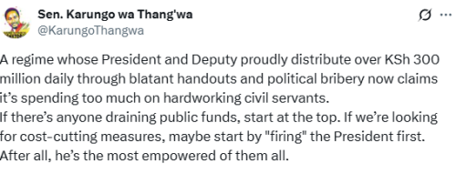 Statement of Karungo wa Thang'wa on public servants salaries burden. PHOTO/Screengrab by People Daily Digital/@KarungoThangwa