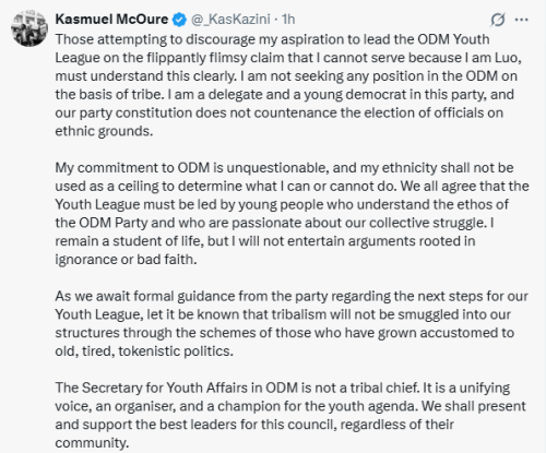 Statement of Kasmuel McOure on seeking the presidency of ODM Youth League along tribal lines. PHOTO/Screengrab by People Daily Digital/@_KasKazini/X