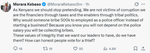 Statement of Morara Kebaso on Kenyans enabling corruption. PHOTO/Screengrab by People Daily Digital/@MoraraKebasoSnr/X