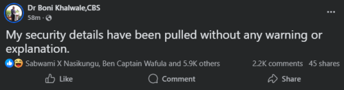 Statement of Boni Khalwale confirming withdrawal of  his security details on Wednesday, November 26, 2025. PHOTO/Screengrab by People Daily Digital/ Dr Boni Khalwale , CBS/Facebook