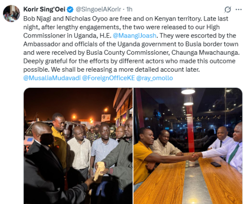 Statement of Korir Sing'Oei on the release of Bob Njagi and Nicholas Oyoo. PHOTO/Screengrab by People Daily Digital/@SingoeiAKorir