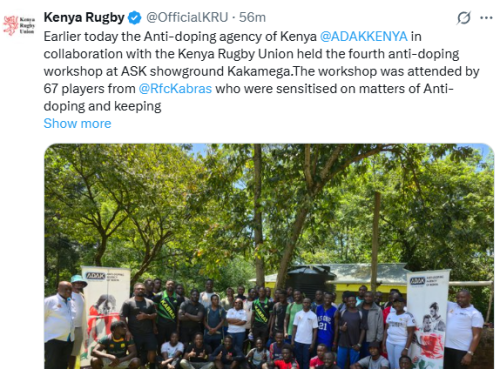 Anti-Doping Agency of Kenya, in collaboration with the Kenya Rugby Union, held the fourth anti-doping workshop at ASK Showground, Kakamega. Photo/Screengrab by People Daily Digital/@OfficialKRU/X