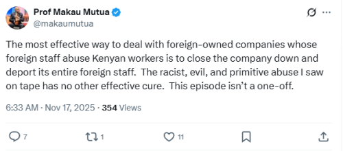 Statement of Makau Mutua on closure of abusive foreign-owned companies. PHOTO/Screengrab by People Daily Digital/@makaumutu/X