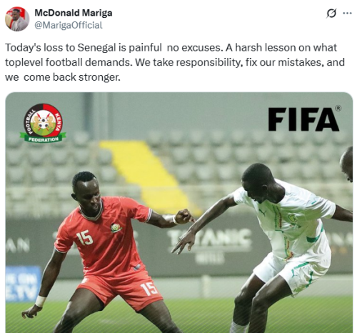 Statement of McDonald Mariga on Harambee Stars defeat in Turkey on Tuesday, November 18, 2025. PHOTO/Screengrab by People Daily Digital/@MarigaOfficial/X