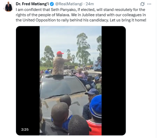Former Interior CS Fred Matiang'i in Malava on Friday, November 21, 2025. PHOTO/Screengrab by People Daily Digital/@RealMatiangi/X 