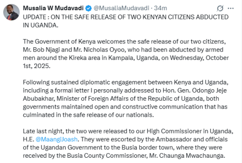 Musalia Mudavadi's statement on the release of Bob Njagi and Nicholas Oyoo. PHOTO/Screengrab by People Daily Digital/@MusaliaMudavadi