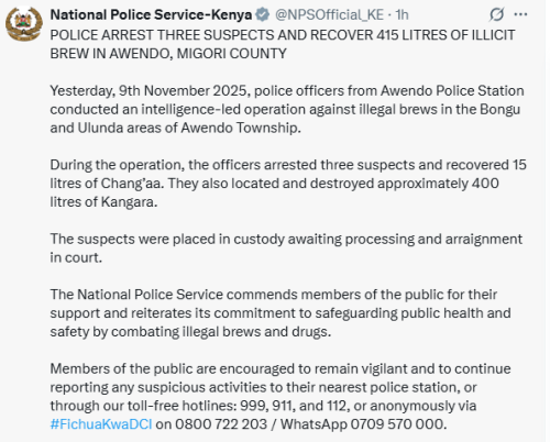 NPS statement on illicit brew seizure in Migori County on Monday, November 10, 2025. PHOTO/Screengrab by People Daily Digital/@NPSOfficial_KE/X