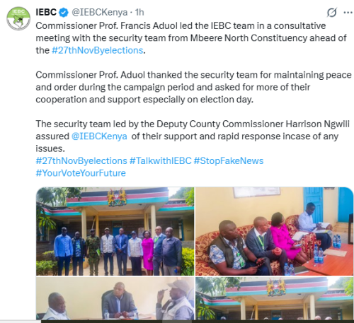 Statement of IEBC on Mberee North by-election security status released on Wednesday, November 26, 2025. PHOTO/Screengrab by People Daily Digital/@IEBCKenya/X