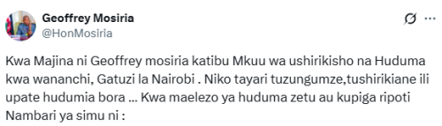 Statement of Geoffrey Mosiria confirming his new roles at City Hall on Monday, November 24, 205. PHOTO/Screengrab by People Daily Digital/@HonMosiria/X