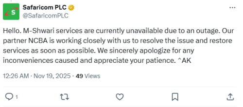 Safaricom statement on M-Shwari outage. PHOTO/Screengrab by People Daily Digital/@SafaricomPLC/X
