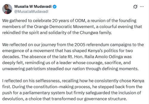 Prime CS Musalia Mudavadi relecting on the formation of ODM. PHOTO/Screengrab by People Daily Digital/@MusaliaMudavadi