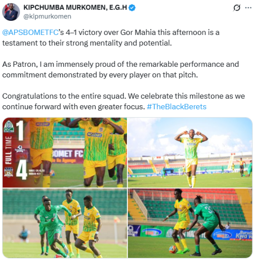 Statement of Kipchumba Murlomen on APS Bomet's win against Gor Mahia on Tuesday, November 25, 2025. PHOTO/Screengrab by People Daily Digital/@kipmurkomen/X
