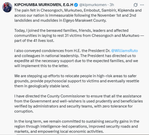 Statement of Kipchumba Murkomen as he  joined affected communities in Chesongoch after landslides that claimed lives. PHOTO/Screengrab by People Daily Digital/@kipchumbamurkomen/X