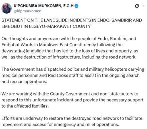 Statement of Kipchumba Murkomen on government's support for the landslide victims in Elgeyo Marakwet County. PHOTO/Screengrab by People Daily Digital/@kipmurkomen