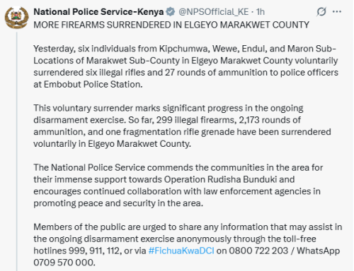 NPS statement on recovered firearms in Elgeyo Marakwet on Wednesday, November 5, 2025. PHOTO/Screengrab by People Daily Digital/@NPSOfficial_KE
