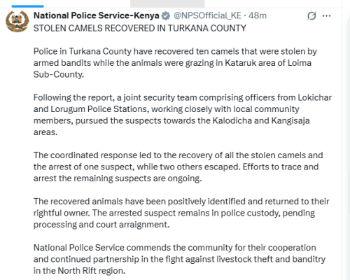 Statement of NPS on camel recovery in Turkana County on Saturday, November 8, 2025. PHOTO/Screengrab by People Daily Digital/@NPSOfficial_KE