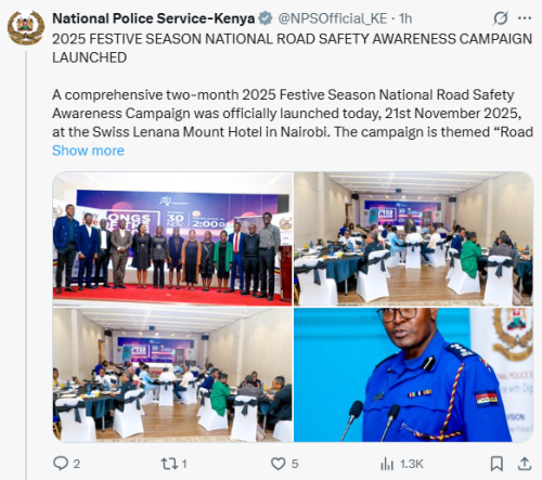NPS launches National Road Safety Awareness Campaign to sensitise road users as festivities begin. PHOTO/Screengrab by People Daily Digital/@NPSOfficial_KE/X