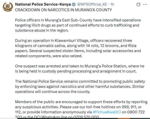 Statement of the National Police Service on the anti-narcotic crackdown in Murang'a County on Sunday, November 16, 2025. PHOTO/Screengrab by People Daily Digital/@NPSOfficial_KE/X
