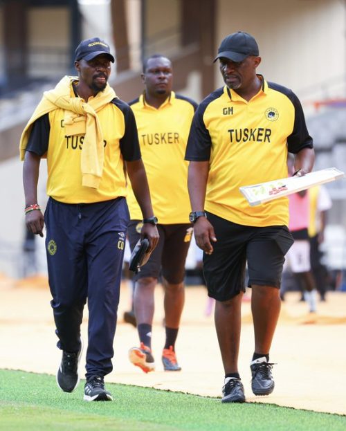 Tusker FC head coach Charles Okere with his technical bench. PHOTO/@tusker_fc/X