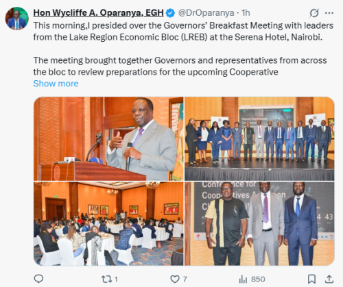 CS Wycliffe Oparanya presided over the Governors’ Breakfast Meeting with leaders from the Lake Region Economic Bloc (LREB) at a Nairobi hotel on Tuesday, November 11, 2025. PHOTO/Screengrab by People Daily Digital/@DrOparanya/X