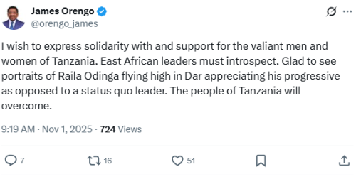 Statement of James Orengo standing in solidarity with Tanzanians on Saturday, November 1, 2025. PHOTO/@orengo_james