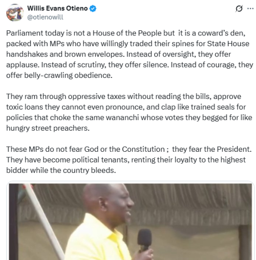 Statement of Lawyer Willis Otieno on the lost role of Parliament. PHOTO/Screengrab by People Daily Digital/@otienowill/X